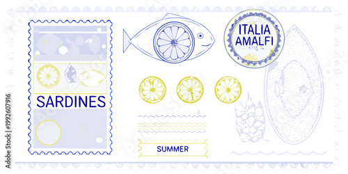 Stylized illustration of sardines lemons and amalfi coast postcard elements