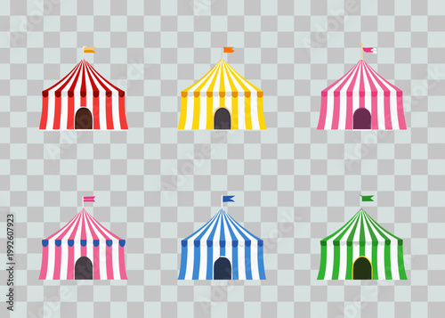 Colorful circus tents in various striped patterns on a transparent background