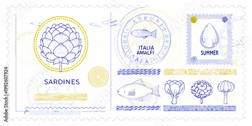 Artichokes fish and summer elements in a hand drawn stamp collage