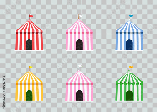 Colorful carnival tents in various striped patterns on a transparent background