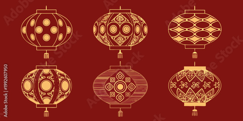 Golden asian lanterns with intricate patterns on a deep red background