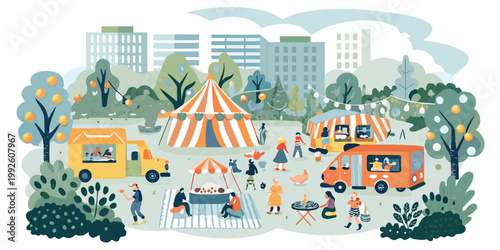 A vibrant outdoor autumn festival scene with food stalls and people