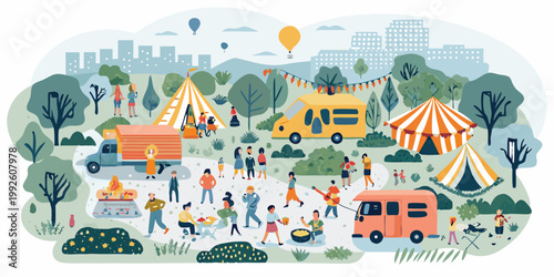 A vibrant outdoor festival scene with tents vehicles and people