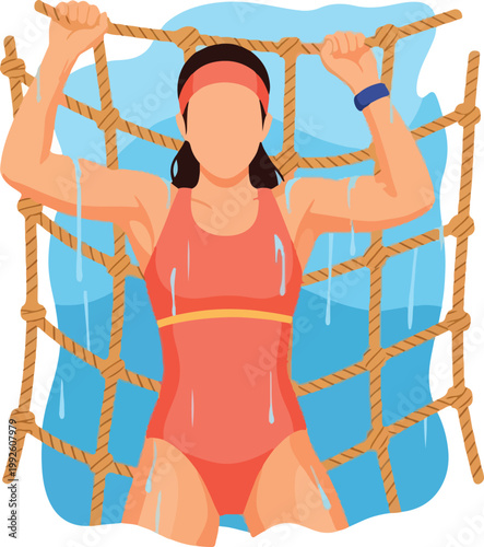 Suitable for fitness blogs, adventure magazines, and outdoor activity advertisements, showing a woman overcoming challenges on a wet rope net.
