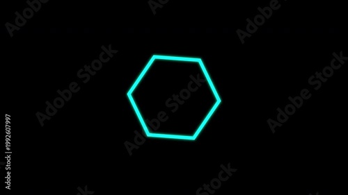 Vibrant teal glowing hollow wireframe hexagon polygon in a seamless 2D motion graphics loop, showcasing modern digital geometry on a solid black background.