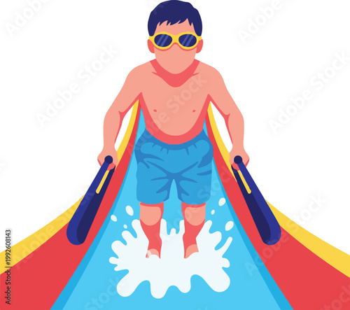 Boy in swim trunks slides down a water slide wearing sunglasses. Fun summer concept for vacation, water parks, and outdoor activities.