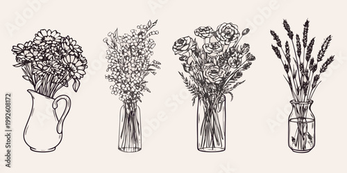 Floral arrangements in vases a delicate hand drawn botanical illustration