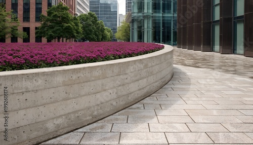 A modern urban landscape with a curved concrete planter filled with vibrant purple flowers in front of a sleek glass building.
