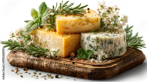 A delicious gourmet meal featuring fresh salmon steak with herbs and smoked salmon with dill served on a healthy breakfast plate with vegetable salad and toast