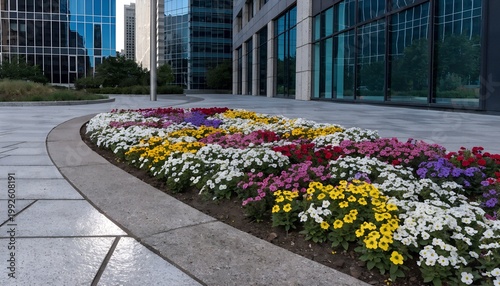 A vibrant flower bed in front of a modern glass building with a city skyline in the background.