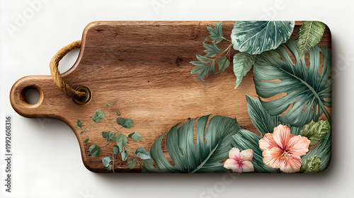 A blank vintage photo album and wooden frame with flowers rest on an old kitchen board near a recipe notebook and fresh spices for a healthy cooking menu
