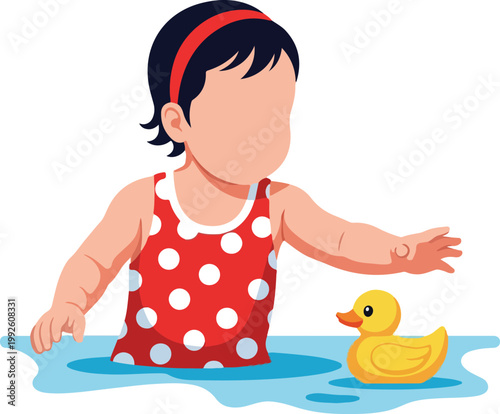 Toddler in red polka dot swimsuit enjoys bath time with rubber duck. Suitable for childrens product advertising, summerthemed designs, and parenting articles.