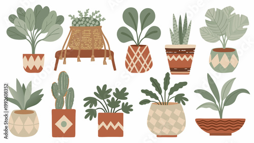 A collection of potted indoor plants and a small plant stand