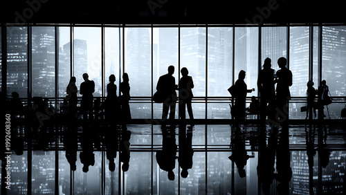 Silhouettes of business people gathered in a modern office lobby with large windows.