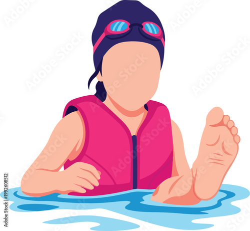 Portrait of a young child wearing a pink life vest and swim cap, ideal for summerthemed designs and childrens water safety campaigns.