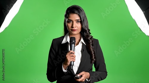Professional female news anchor reporting live with microphone in front of green screen