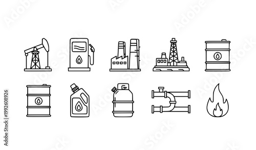 Oil and gas industry outline icons with fuel pump refinery oil well offshore rig barrel and pipeline vector set