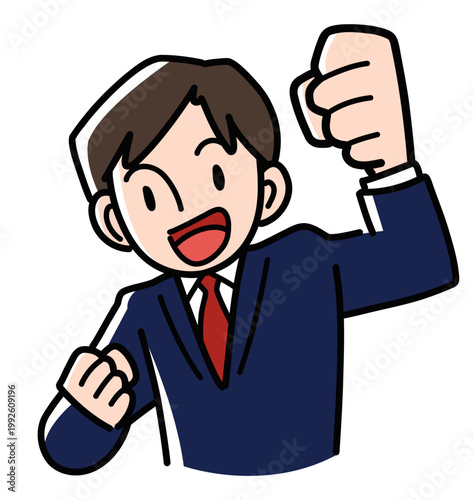 Energetic young male student in blazer smiling and making a guts pose half length illustration