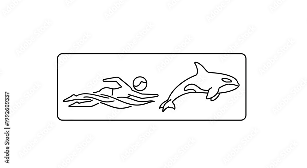 Fototapeta premium Swimmer and Orca Whale Silhouette in Water - Vector Graphic