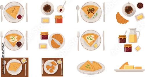 Breakfast Food Vector Set with Pancakes, Croissant, Eggs, Toast, Coffee, Jam and Juice, Morning Meal Collection for Cafe Menu and Restaurant Design