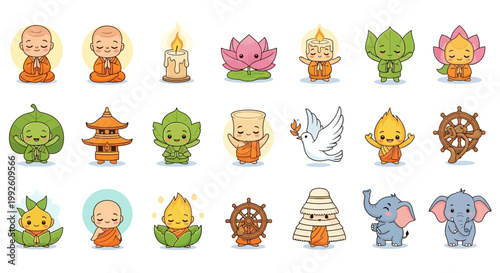 Cute Buddhist Characters and Symbols Collection, Kawaii Style