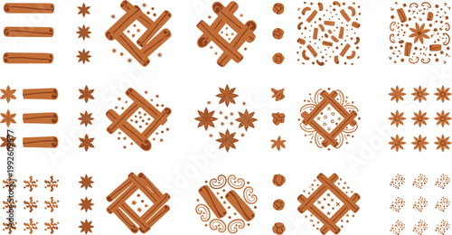 Cinnamon Stick and Star Anise Ornament Vector Set with Decorative Spice Patterns, Floral Geometric Designs, Baking Ingredients Elements for Festive Food and Packaging