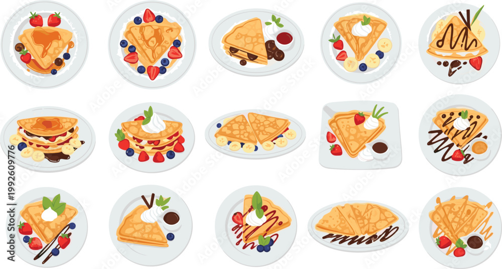 Fototapeta premium Dessert Plate Vector Set with Pancakes, Crepes, Waffles, Ice Cream, Fruits and Sweet Toppings, Delicious Food Collection for Cafe Menu and Restaurant Design