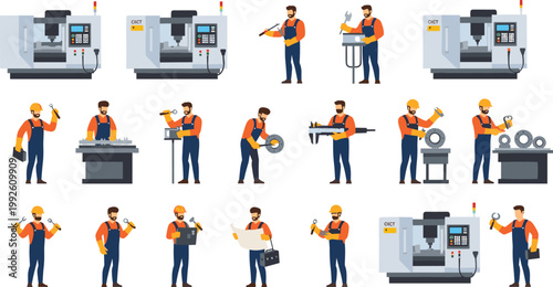 Industrial Workers and CNC Machine Operators Vector Set with Factory Staff, Manufacturing Process Scenes, Engineering Workplace Characters for Production and Industry Design