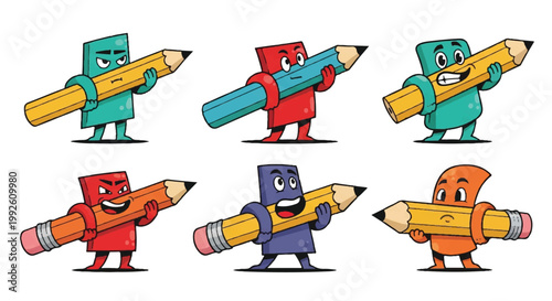 Cartoon characters holding pencils concept of education creativity and writing