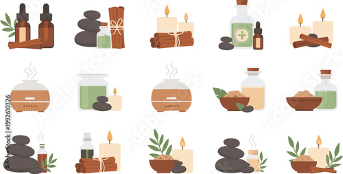 Spa Wellness Icon Set with Aromatherapy Oils, Hot Stones, Candles, Herbal Treatments, Relaxation Therapy Elements for Beauty, Health, and Self Care Design