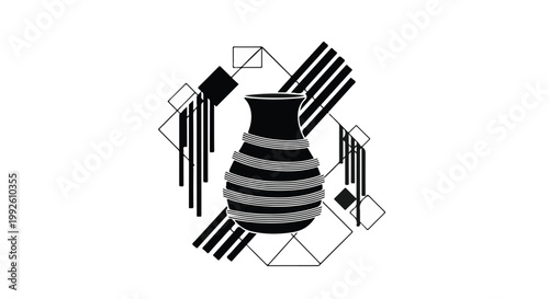 Vase features geometric patterns and bold lines arranged in a decorative artistic composition.