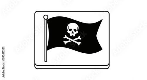 Pirate Flag Skull Crossbones Waving on Mast Vector Illustration
