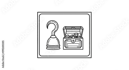 Pirate Hook and Treasure Chest with Jewels, Black and White Line Art Icon