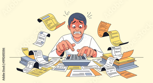 Desperate Budgeting: Person Calculating Expenses Amidst Receipts and Documents