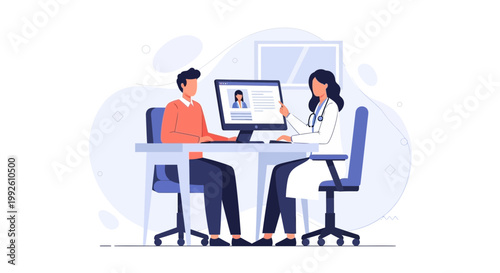 Doctor consulting patient at desk with computer, medical examination concept