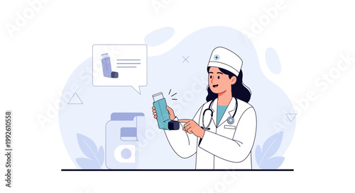 Doctor showing asthma inhaler, medical consultation, respiratory health concept
