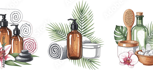 Luxury Spa Wellness Aromatherapy Skincare Product Bottle Towel Stone and Tropical Leaf Vector Illustration Set for Beauty Design