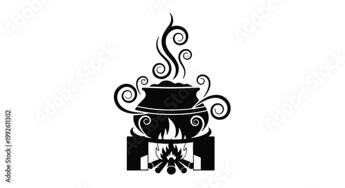A steaming cauldron over a fire, symbolizing cooking, magic, or a cozy atmosphere.