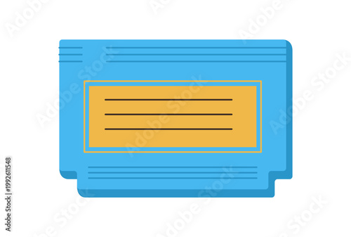 Retro vintage videogame cassette in flat style with arcade game and console. Nostalgic icon for entertainment and video themes. Blue yellow color add classic vibe for any game concept.