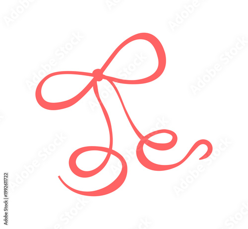 Whimsical red bow in simple line style. Cute coquette ribbon knot as romantic decor. Hand drawn wavy element suits wedding card and valentine invite, trendy girly celebration template with minimal