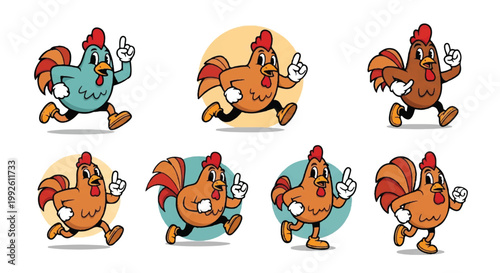 Cartoon chickens in action posing with upward pointer fingers isolated