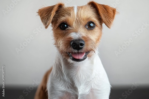 brown and white dog with perky ears and glossy chest fur sitting calmly on dark surface against soft gray background, conveying quiet curiosity