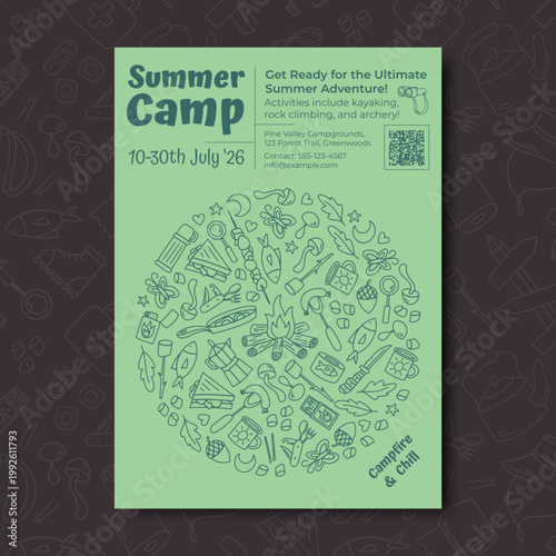 Vertical banner with green camp and adventure sketch doodle style. Picnic scene with tent and campfire, marshmallow backpack, contour graphic art. Summer outdoor concept, ideal for camp event use.