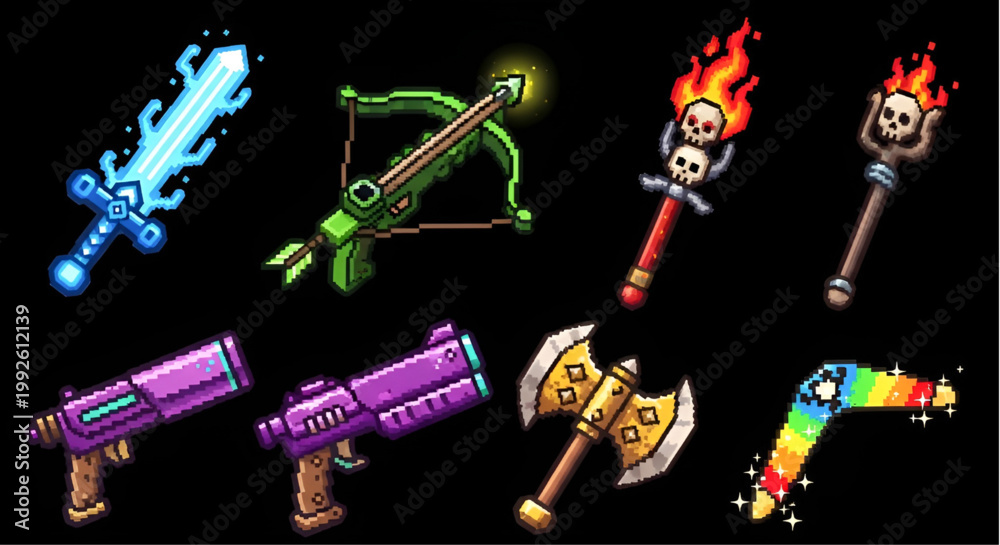 Obraz premium Fantasy RPG Game Weapons Collection Pixel Art Set Including Sword Bow and Staff