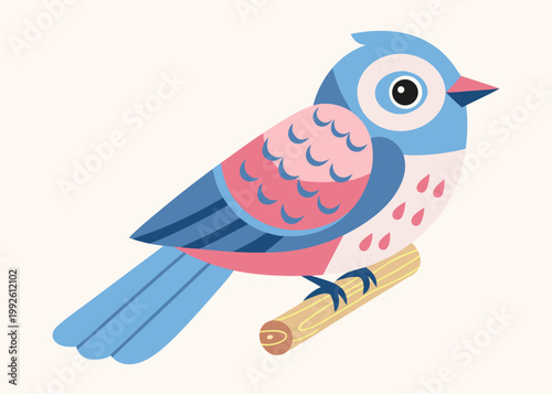 Quadro em tela A charming illustration of a stylized blue and pink bird perched on a branch