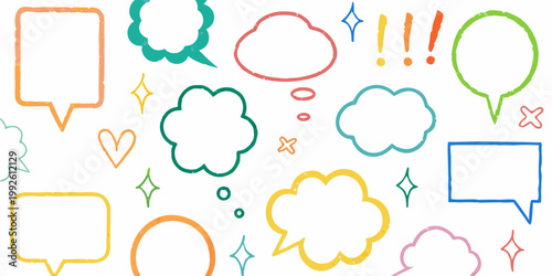 Colorful hand drawn speech bubbles and thought balloons on a white background