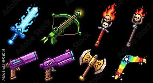 Fantasy RPG Game Weapons Collection Pixel Art Set Including Sword Bow and Staff