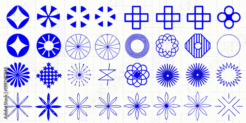Collection of abstract blue geometric shapes and floral like designs