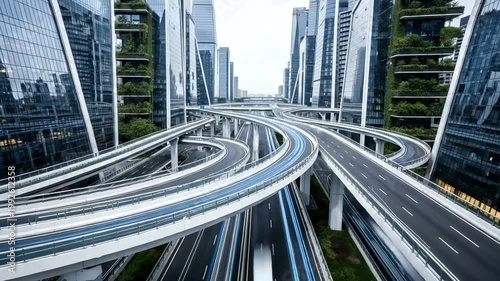 Aerial view of modern city highways and buildings