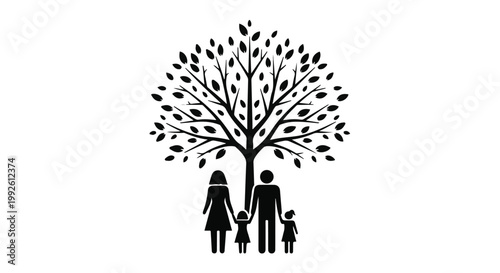 Family icon stands beneath a stylized tree symbolizing heritage and the importance of ancestral roots.